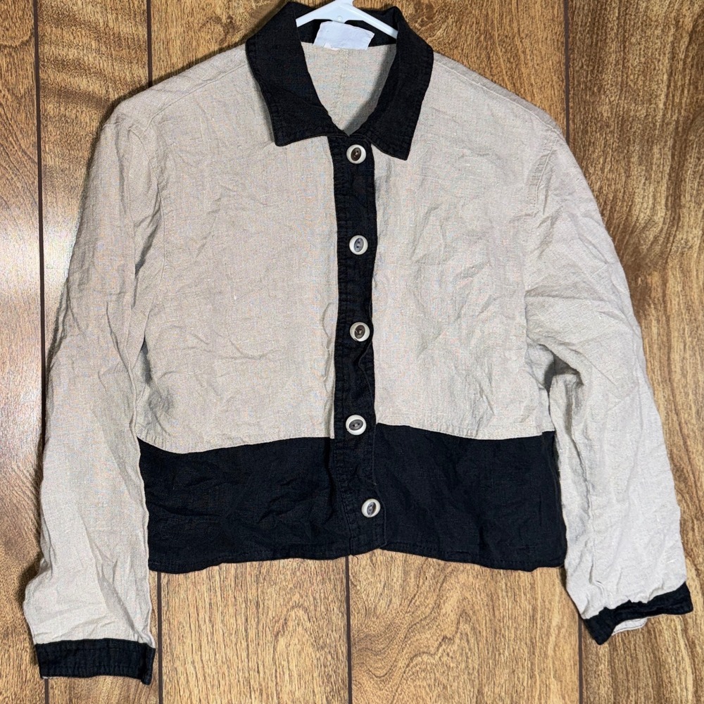 VTG Studio Ease Women Linen Colorblock Button Up Jacket Tan Black Boho Western S